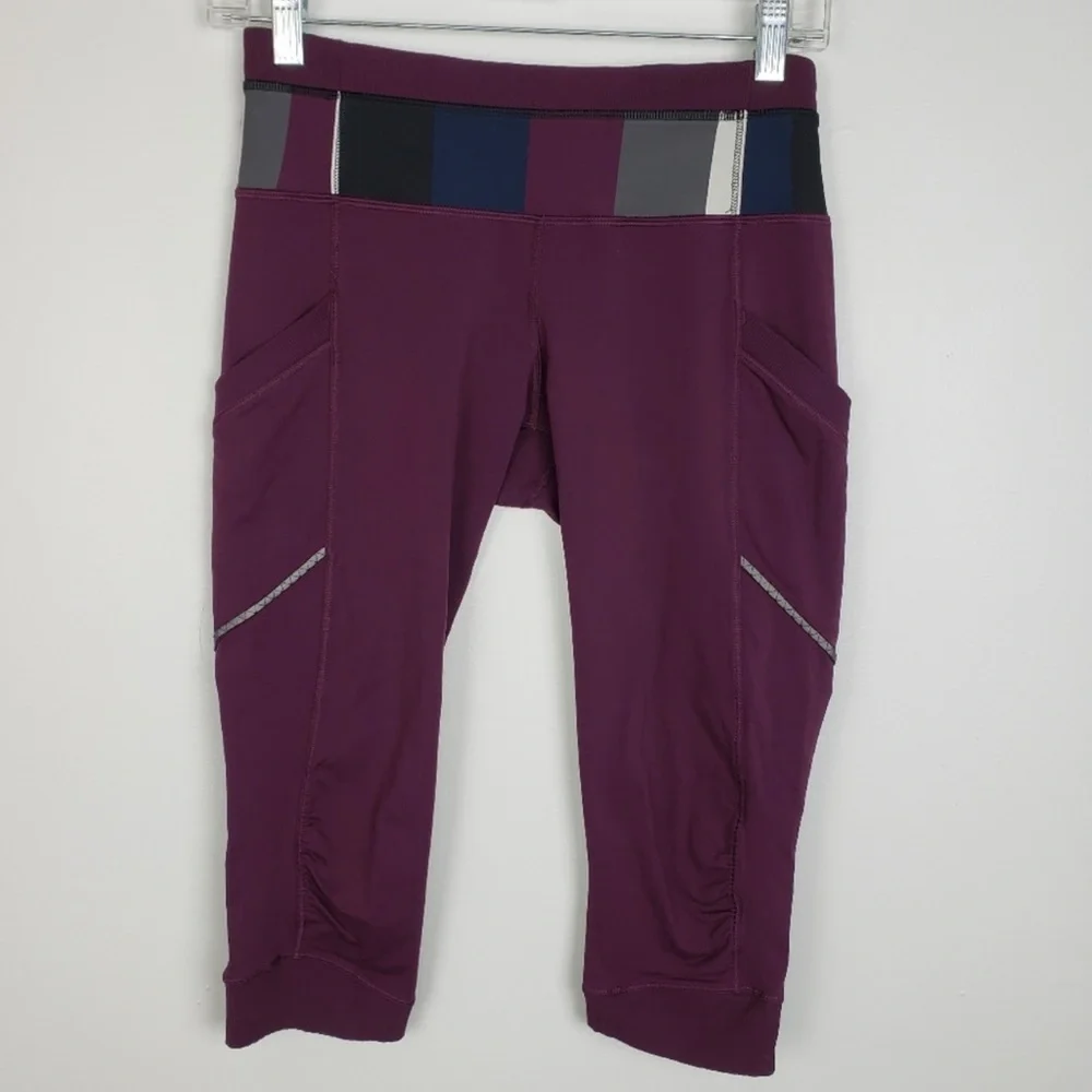 Lululemon Run For Fun Crop Plum / Pow Stripe Angel Wing / Angel Win Size 4